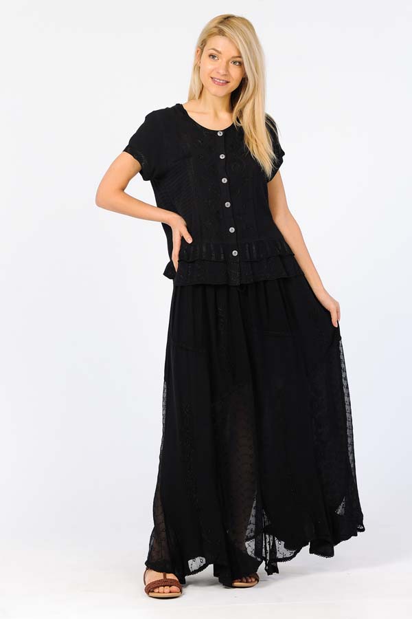 2 Pcs set of Long Sand Wash Skirt & Blouse - Black